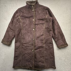 LL Bean BCT4 Faux Shearling Sherpa Long Coat Womens Large Brown Button